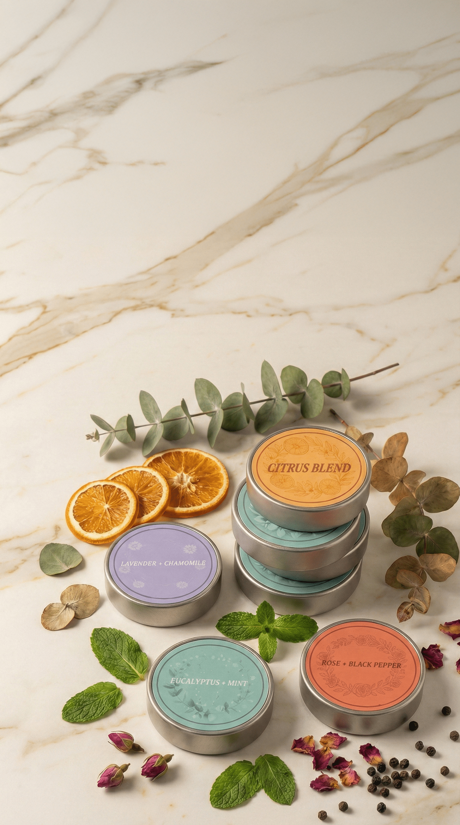 All four Ritual Cubes scent tins arranged on warm stone with botanicals and rising steam