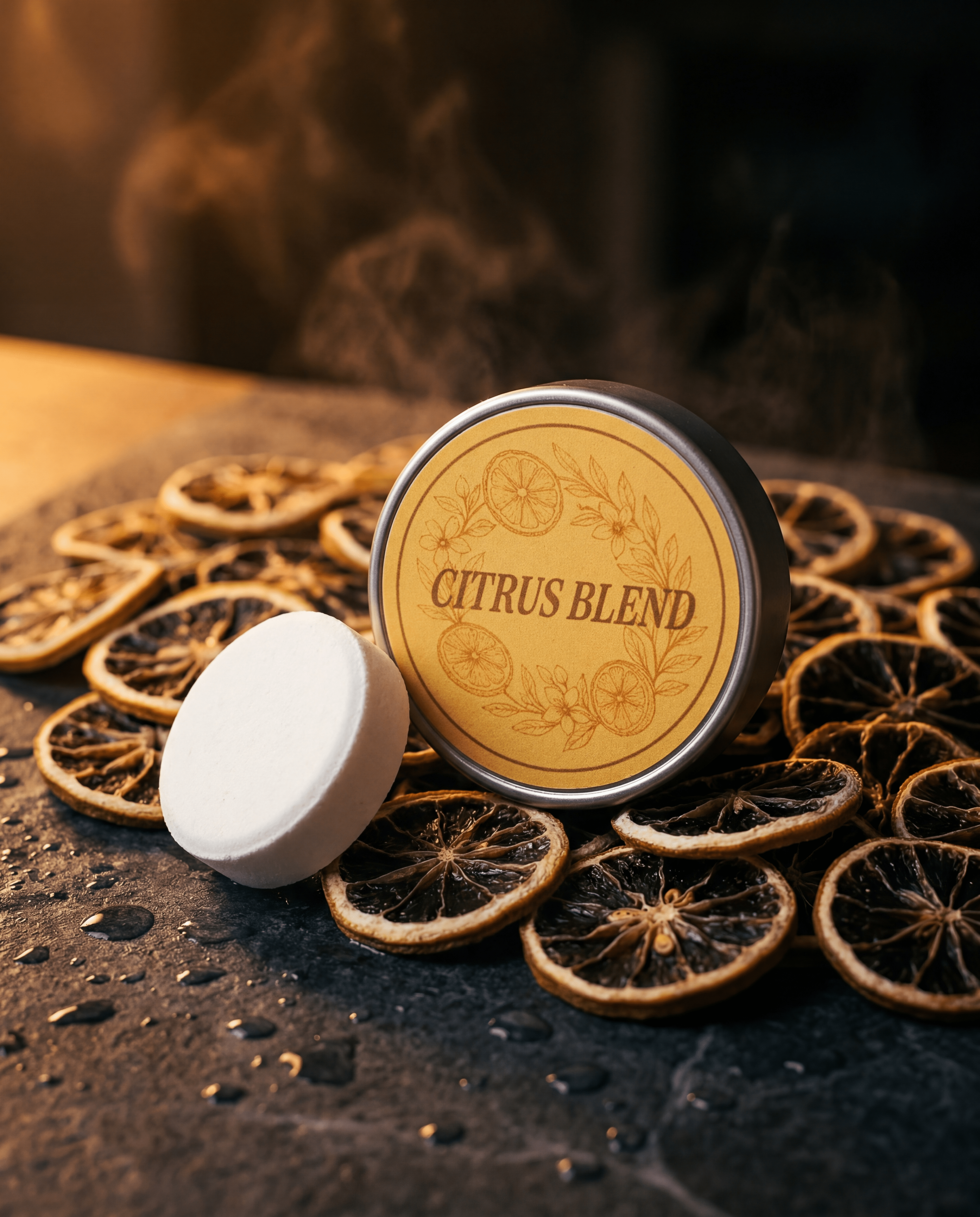Citrus Blend tin and steamer on dark surface with dried citrus slices