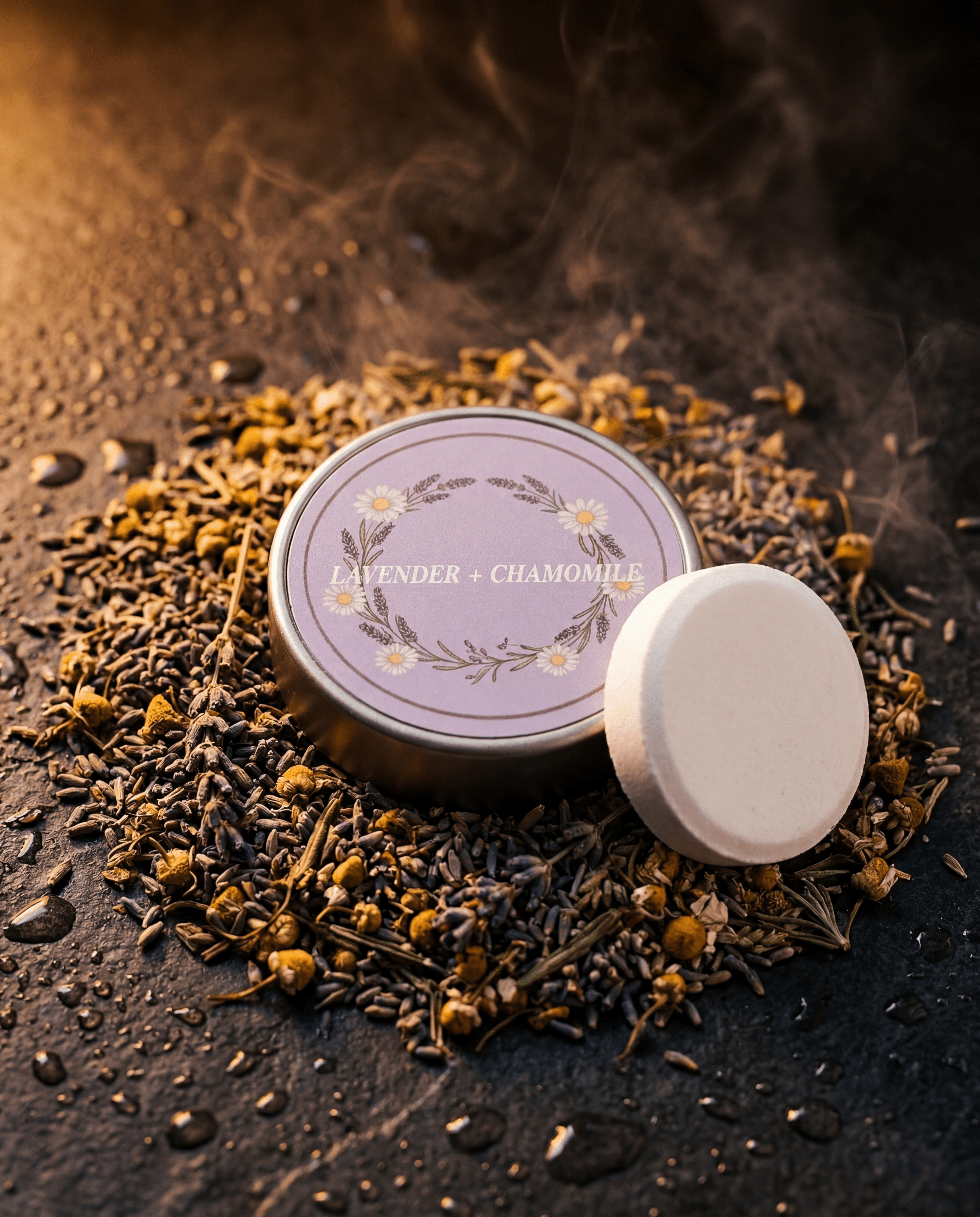 Lavender + Chamomile tin and steamer on dark slate with dried lavender and chamomile