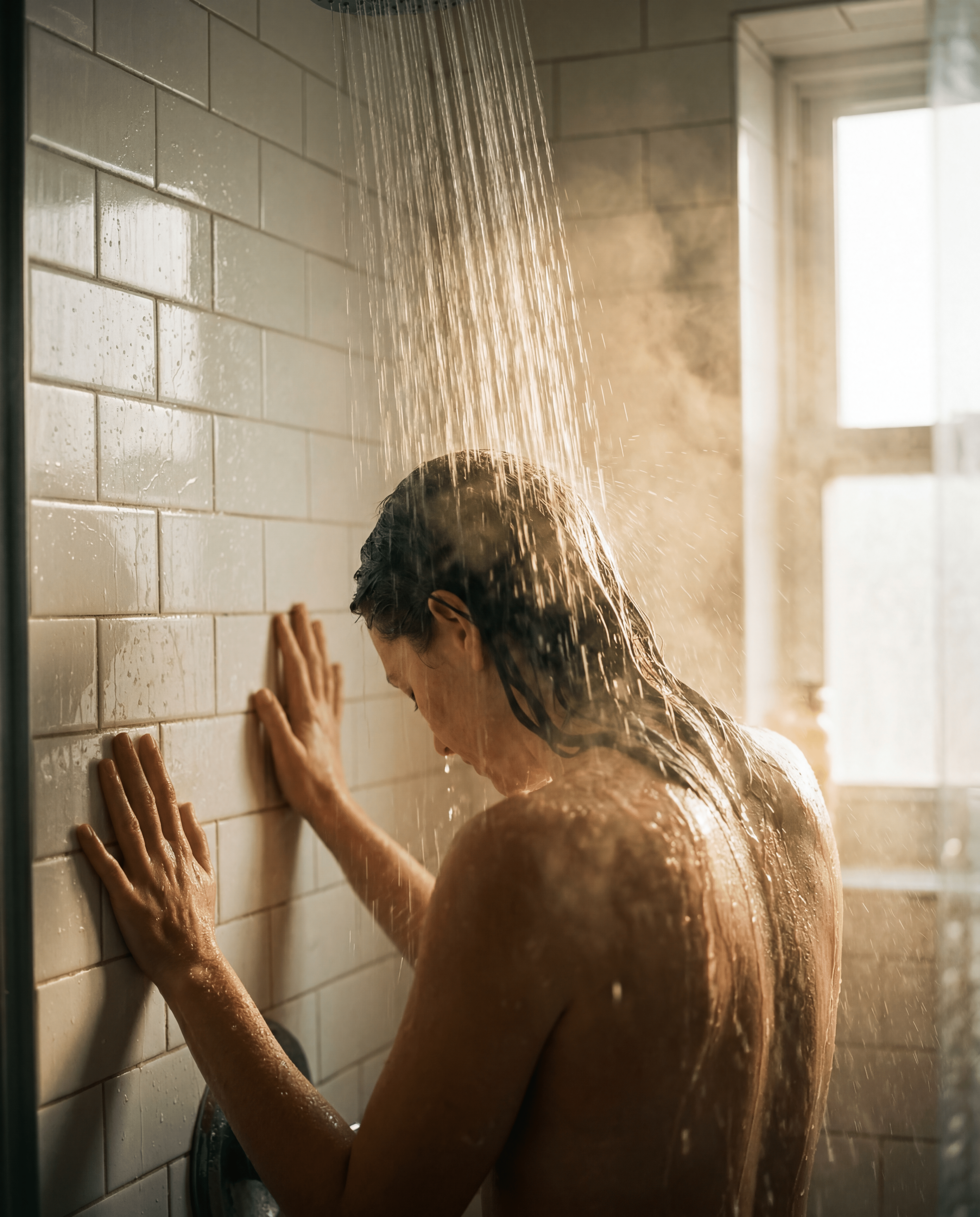 Water cascading over woman's back and shoulders under shower stream — the Tuesday survival tool