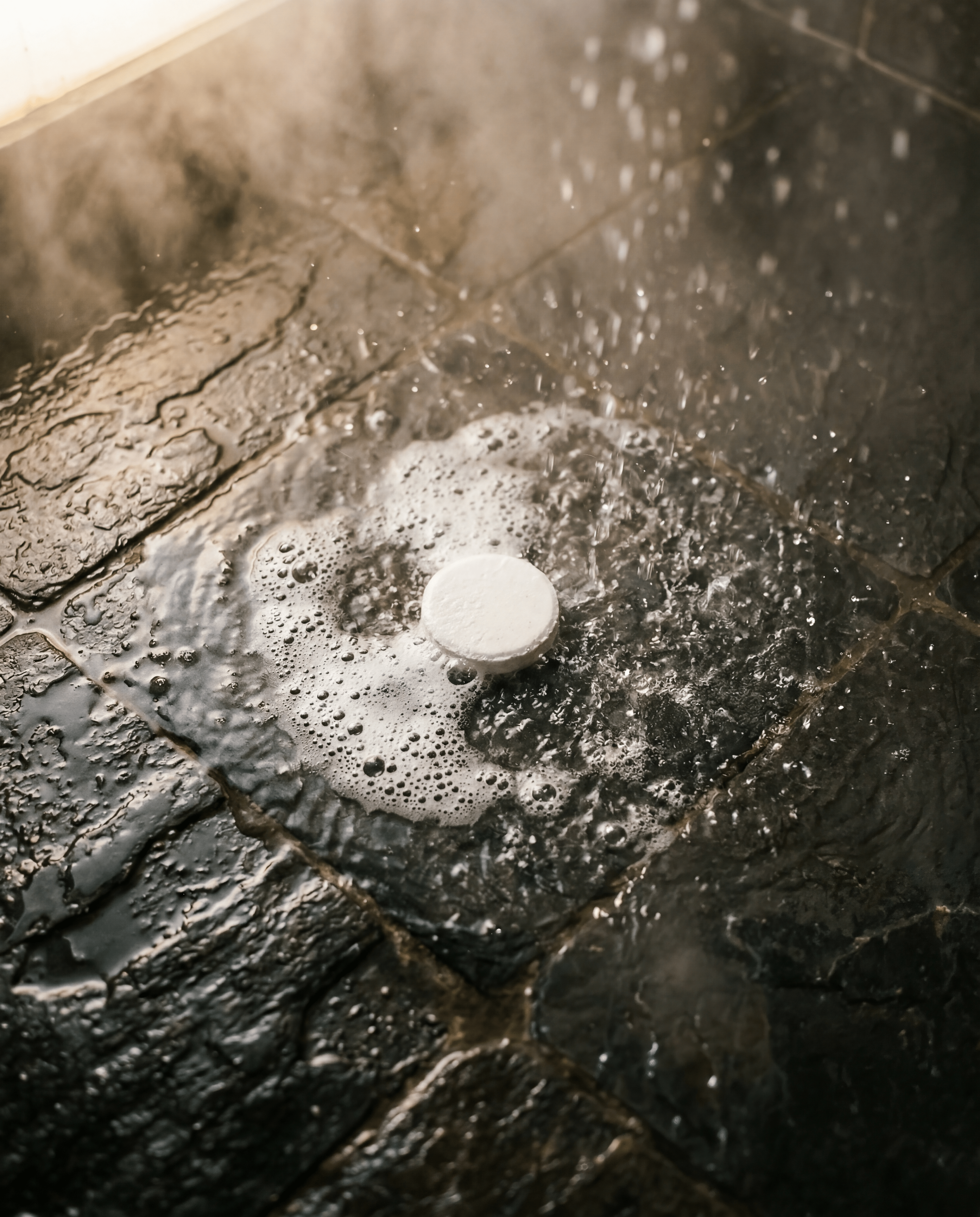 Shower steamer cube fizzing and dissolving on dark wet tile with steam and water droplets